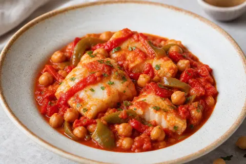 Imagen ilustrativa de Bacalao con tomate, pimiento y garbanzos