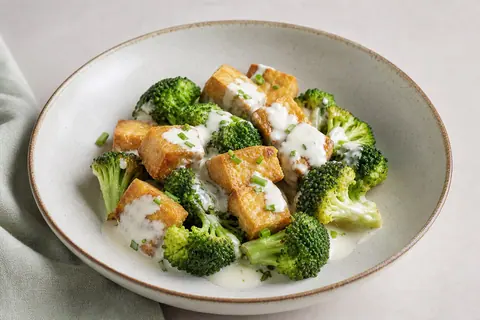 Imagen ilustrativa de Tofu crujiente con brócoli y salsa de yogur
