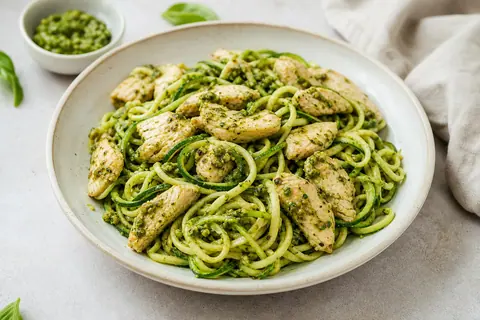 Imagen ilustrativa de Espaguetis de calabacín con pollo y pesto ligero