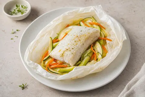 Imagen ilustrativa de Merluza en papillote con puerro y zanahoria