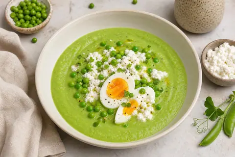 Imagen ilustrativa de Crema de guisantes con cottage y huevo