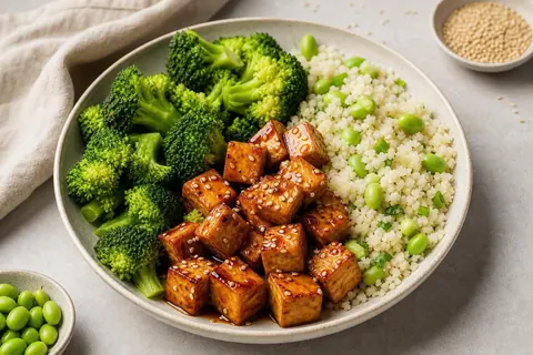 Imagen ilustrativa de Tofu teriyaki con brócoli y arroz de coliflor