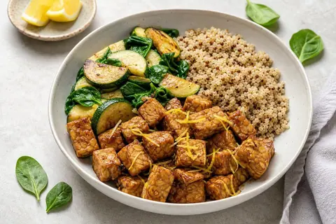 Imagen ilustrativa de Tempeh al limón con calabacín y quinoa