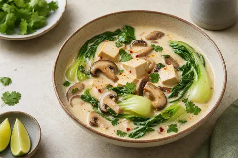 Imagen ilustrativa de Sopa thai de tofu, setas y coco ligero