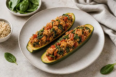 Imagen ilustrativa de Calabacín relleno de tempeh y tomate