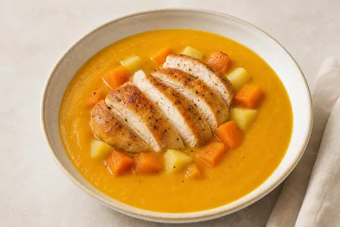 Imagen ilustrativa de Crema dorada de calabaza asada con pollo braseado