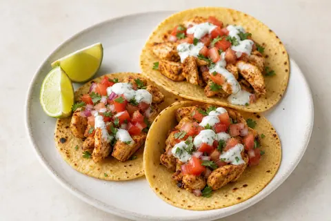 Imagen ilustrativa de Tacos rústicos de pollo especiado, pico de gallo y salsa yogur