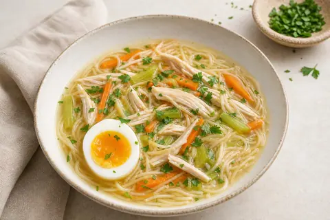 Imagen ilustrativa de Sopa reconfortante de fideos finos, pollo deshilachado y huevo