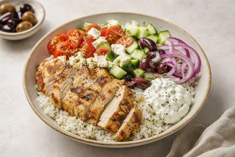 Imagen ilustrativa de Bowl mediterráneo de pollo y arroz