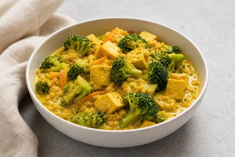 Imagen ilustrativa de Curry de tofu, brócoli y quinoa