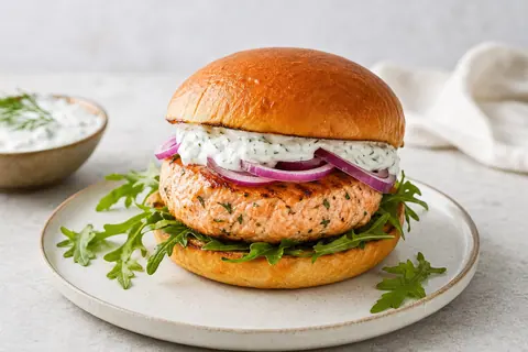 Imagen ilustrativa de Hamburguesa de salmón y yogur de eneldo