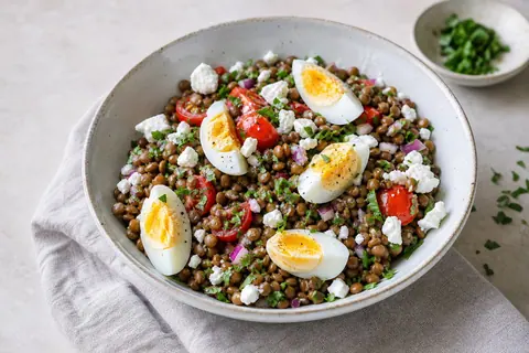 Imagen ilustrativa de Ensalada de lentejas, huevo y feta