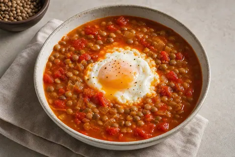 Imagen ilustrativa de Sopa de tomate y lentejas con huevo