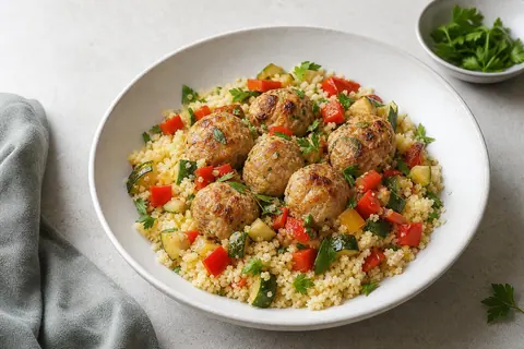 Imagen ilustrativa de Albóndigas de pollo con cuscús y verduras