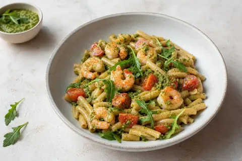 Imagen ilustrativa de Pasta de garbanzo con gambas y pesto de rúcula