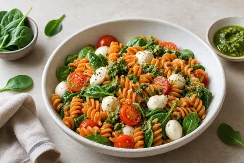 Imagen ilustrativa de Pasta de lenteja roja con pesto y mozzarella