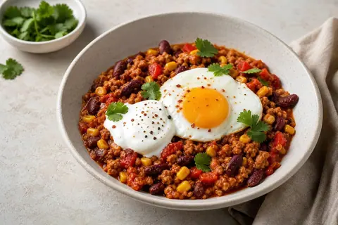 Imagen ilustrativa de Chili vegetariano con huevo y yogur