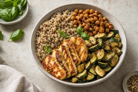 Imagen ilustrativa de Bowl de halloumi, quinoa y verduras asadas