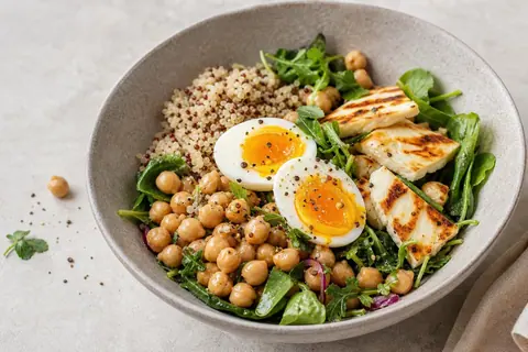 Imagen ilustrativa de Ensalada templada de garbanzos, huevo y halloumi
