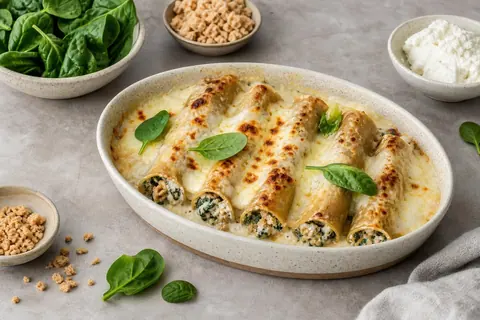 Imagen ilustrativa de Canelones de espinaca, ricotta y soja texturizada