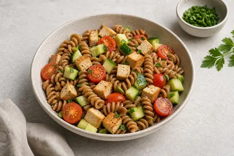 Imagen ilustrativa de Ensalada de pasta de lenteja con tofu ahumado