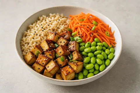 Imagen ilustrativa de Bowl de tofu, edamame y arroz con soja