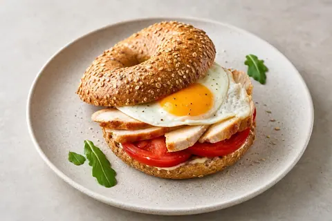 Imagen ilustrativa de Bagel integral de pollo, huevo y tomate