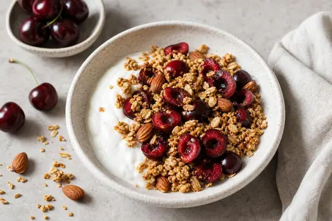 Imagen ilustrativa de Skyr con granola proteica, cerezas y almendra