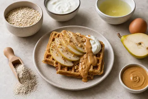 Imagen ilustrativa de Gofres de avena con pera y crema de cacahuete