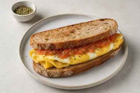 Imagen ilustrativa de Bocata rústico de tortilla francesa con tomate y orégano