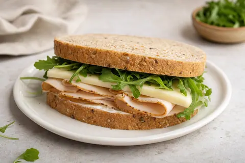 Imagen ilustrativa de Sándwich de pavo, queso ligero y rúcula