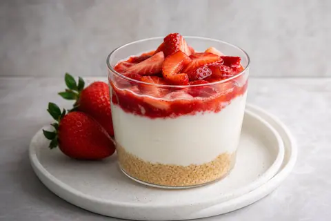 Imagen ilustrativa de Cheesecake frío de fresa en vaso