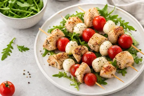 Imagen ilustrativa de Brochetas de pollo, tomate y mozzarella