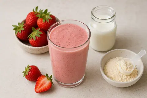 Imagen ilustrativa de Batido refrescante de fresas naturales, kéfir y proteína