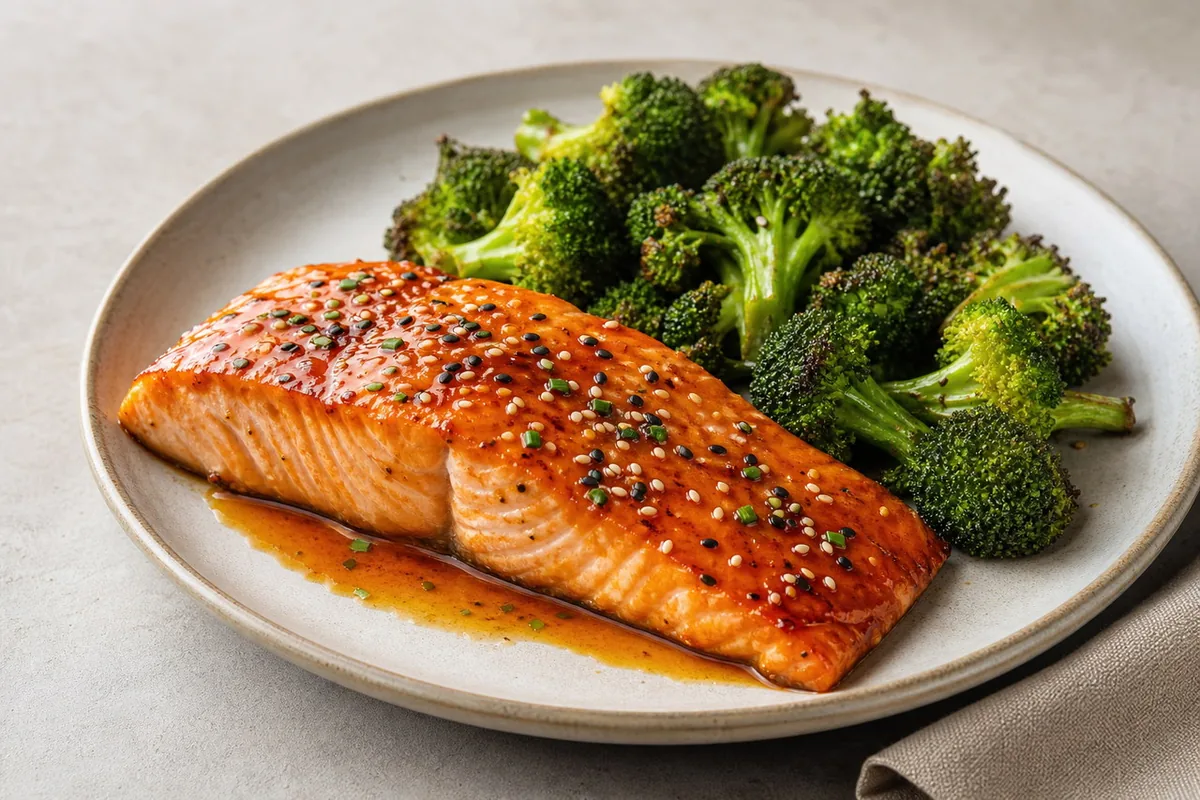 Imagen ilustrativa de Salmón glaseado ligero con brócoli