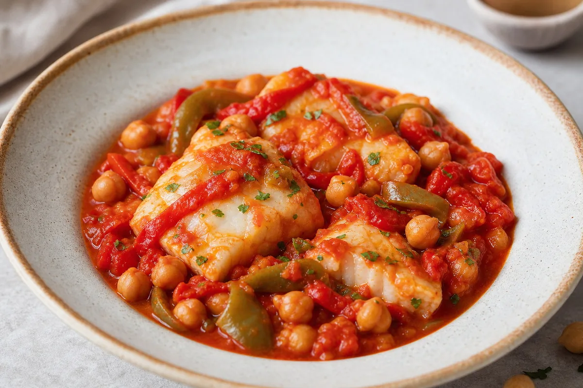 Imagen ilustrativa de Bacalao con tomate, pimiento y garbanzos