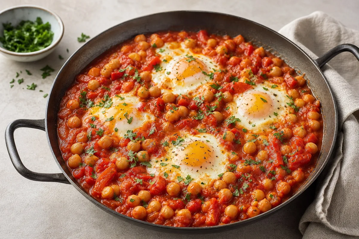 Imagen ilustrativa de Shakshuka rápida con huevos y garbanzos