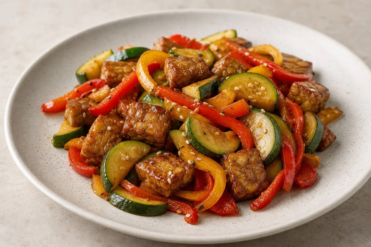 Imagen ilustrativa de Tempeh salteado con calabacín y pimiento