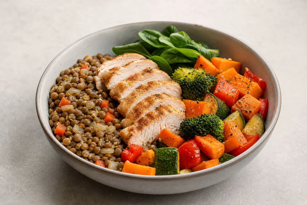 Imagen ilustrativa de Bowl de pavo, lentejas y verduras
