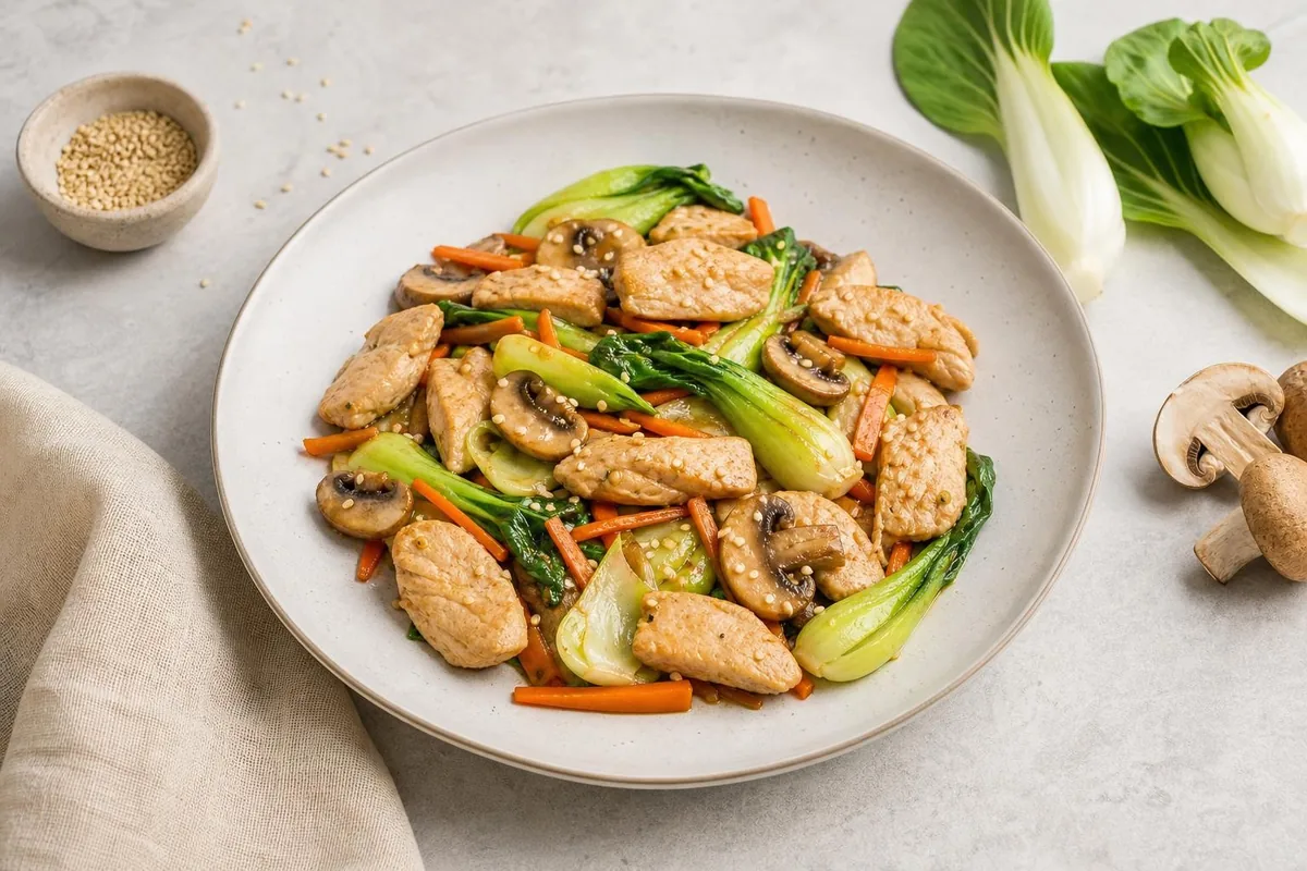 Imagen ilustrativa de Pavo salteado con pak choi y sésamo
