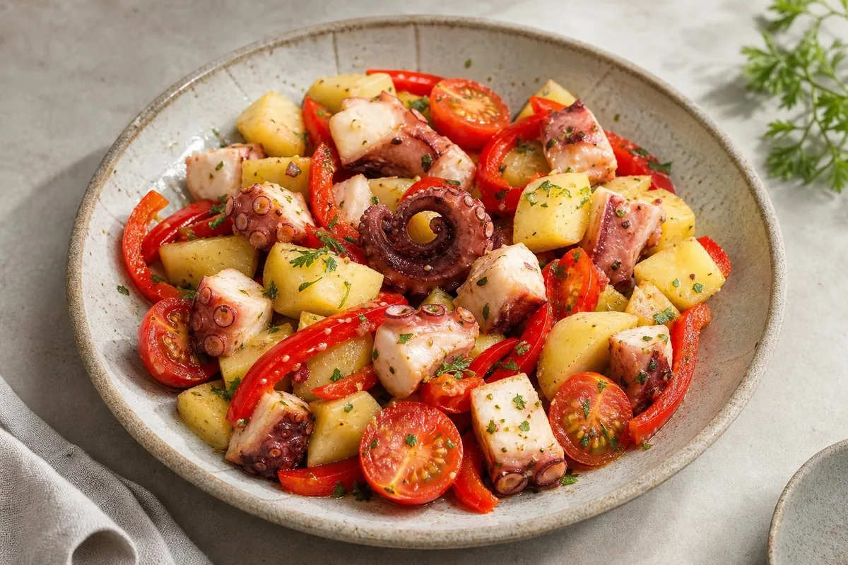 Imagen ilustrativa de Ensalada templada de pulpo, patata y pimiento