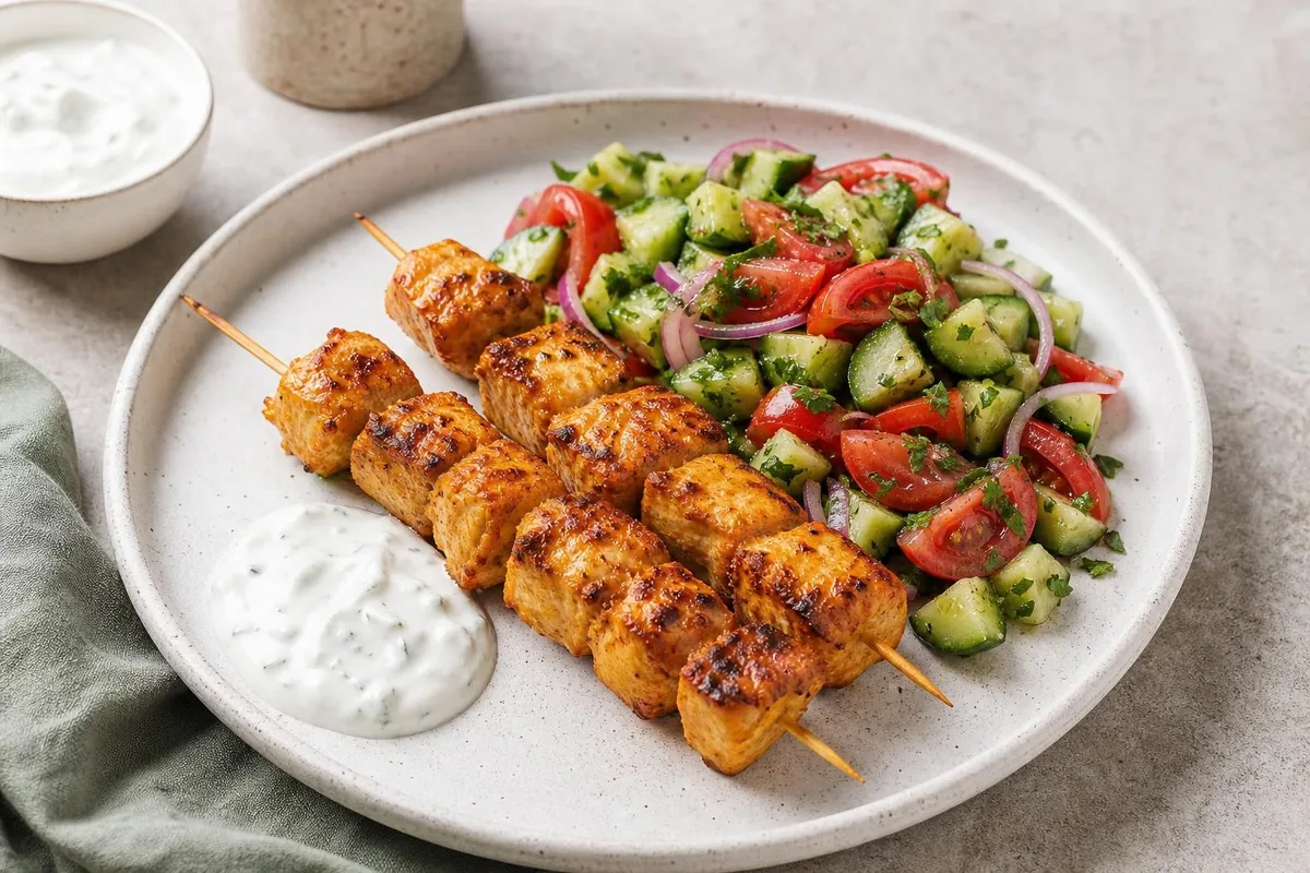 Imagen ilustrativa de Brochetas de pollo tikka con ensalada de pepino