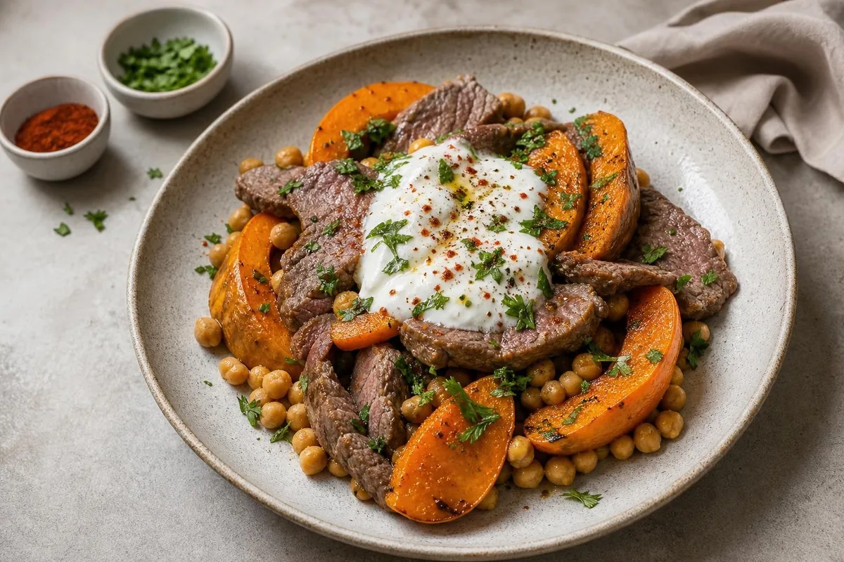 Imagen ilustrativa de Calabaza asada con ternera y yogur especiado