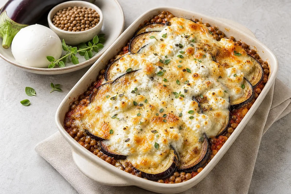 Imagen ilustrativa de Berenjena gratinada con lentejas y mozzarella