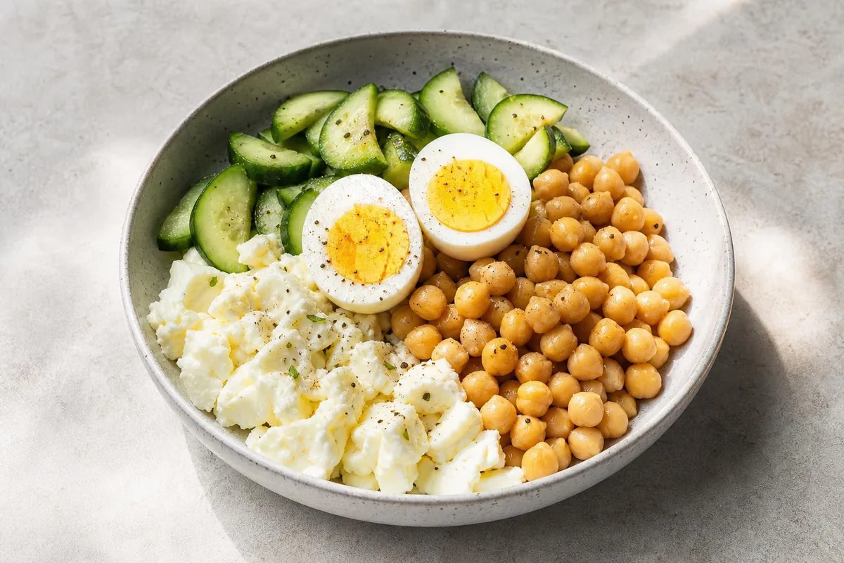 Imagen ilustrativa de Bowl ligero de garbanzos, huevo y pepino