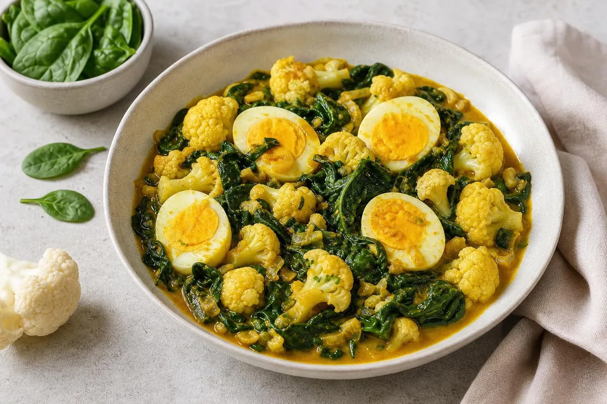 Imagen ilustrativa de Curry de huevo, espinaca y coliflor