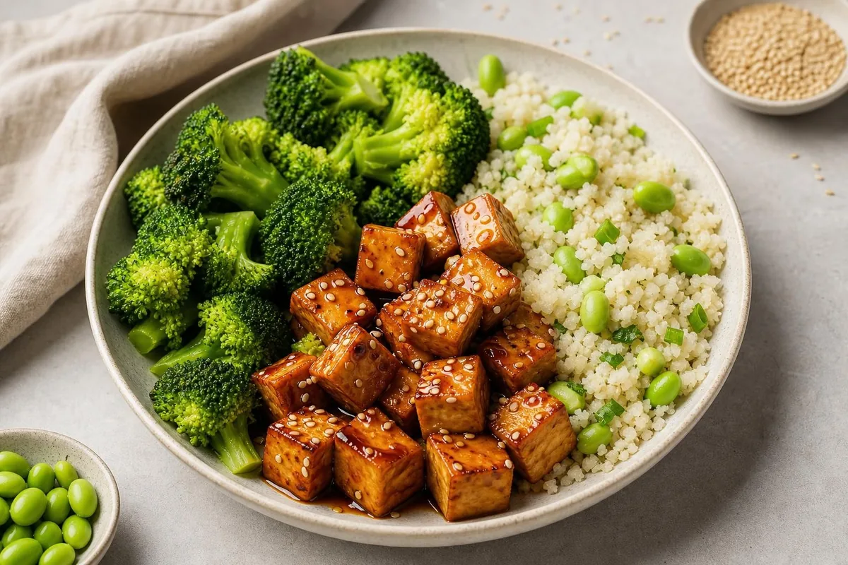 Imagen ilustrativa de Tofu teriyaki con brócoli y arroz de coliflor
