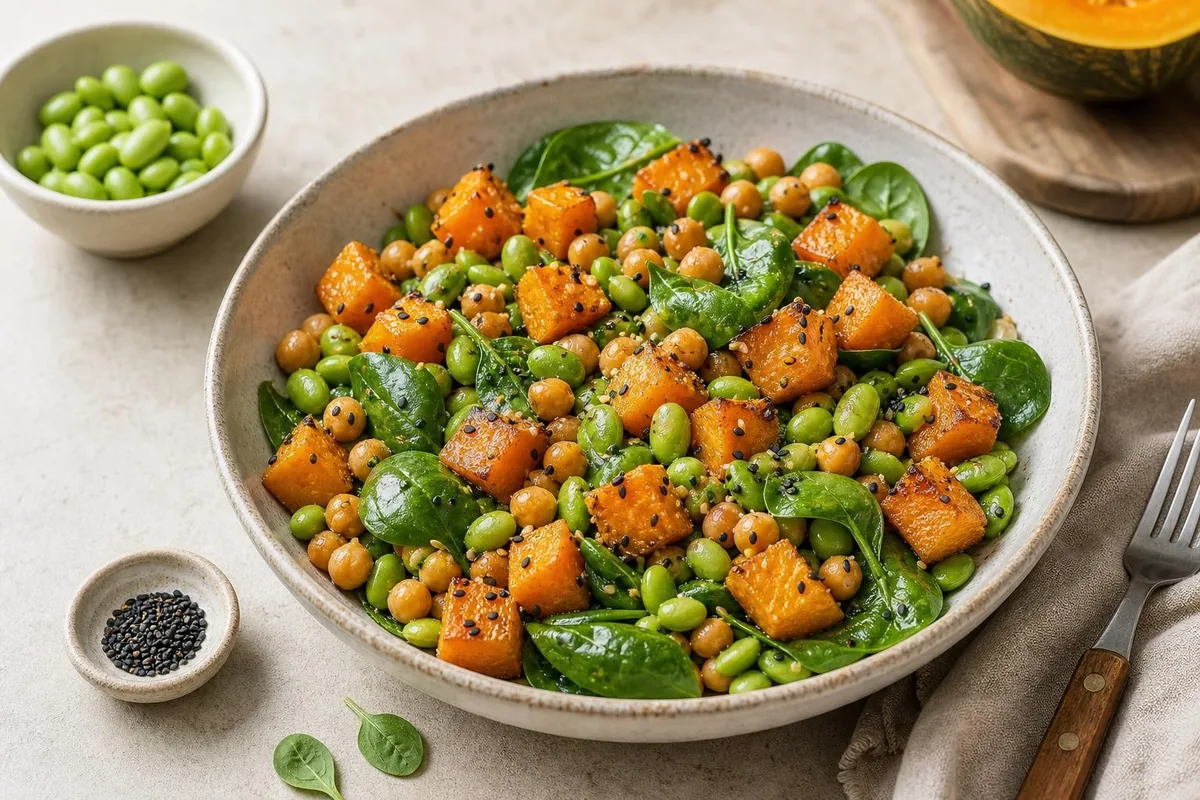 Imagen ilustrativa de Ensalada tibia de edamame, garbanzos y calabaza