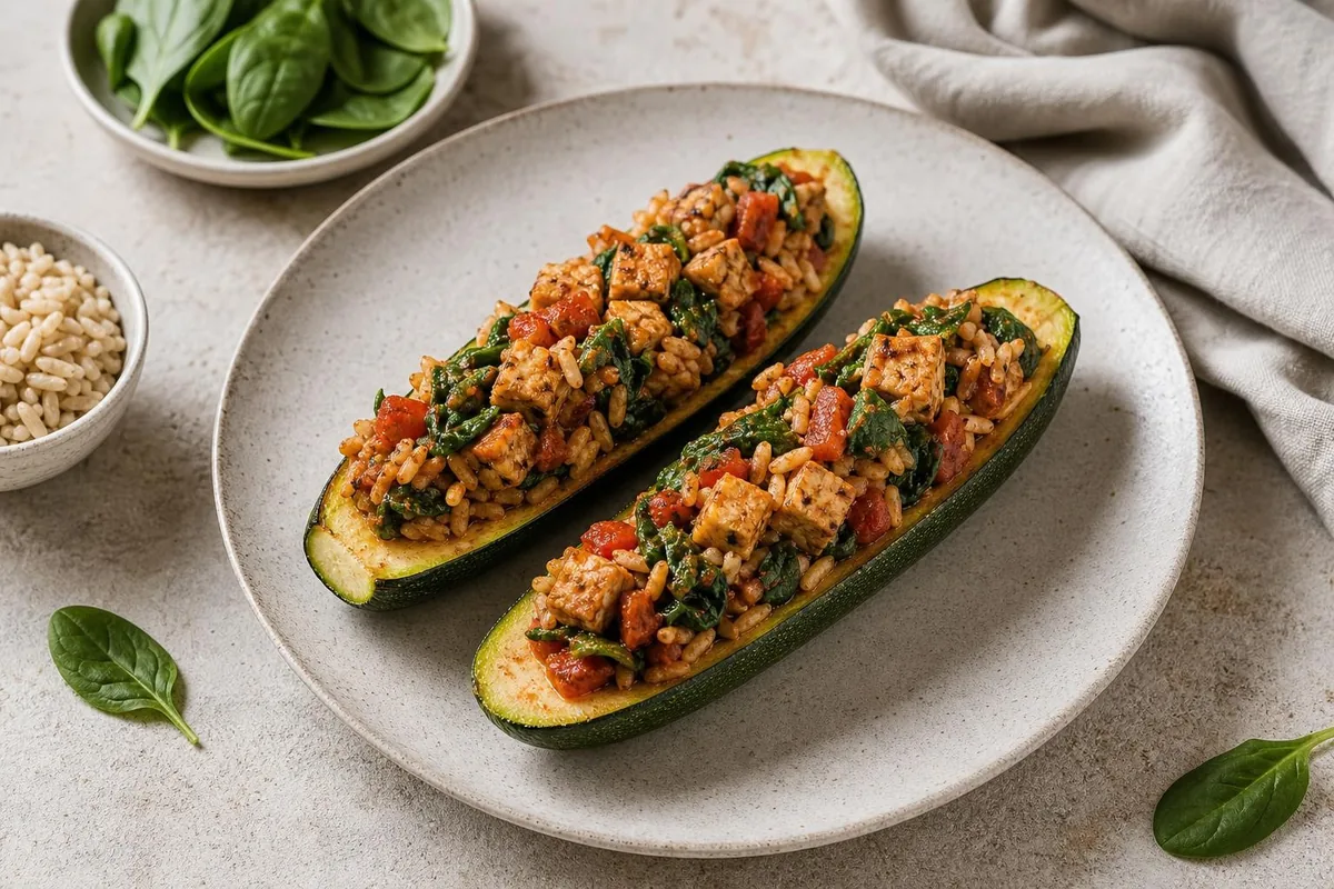 Imagen ilustrativa de Calabacín relleno de tempeh y tomate
