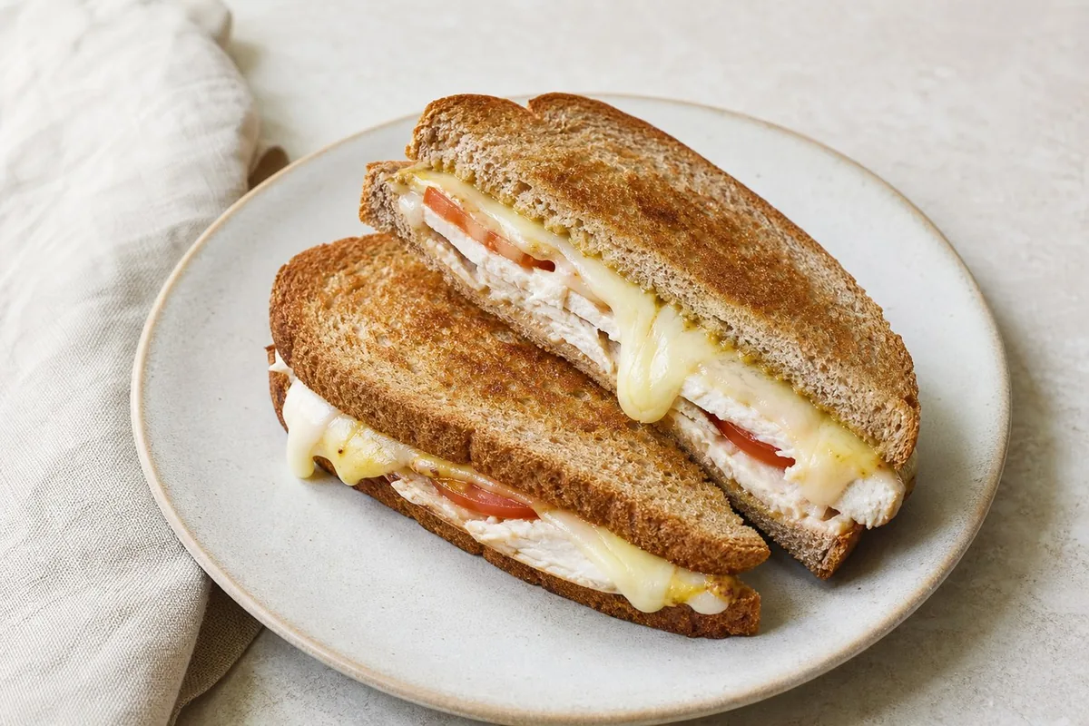 Imagen ilustrativa de Sándwich 'melt' caliente de pollo asado, queso y mostaza